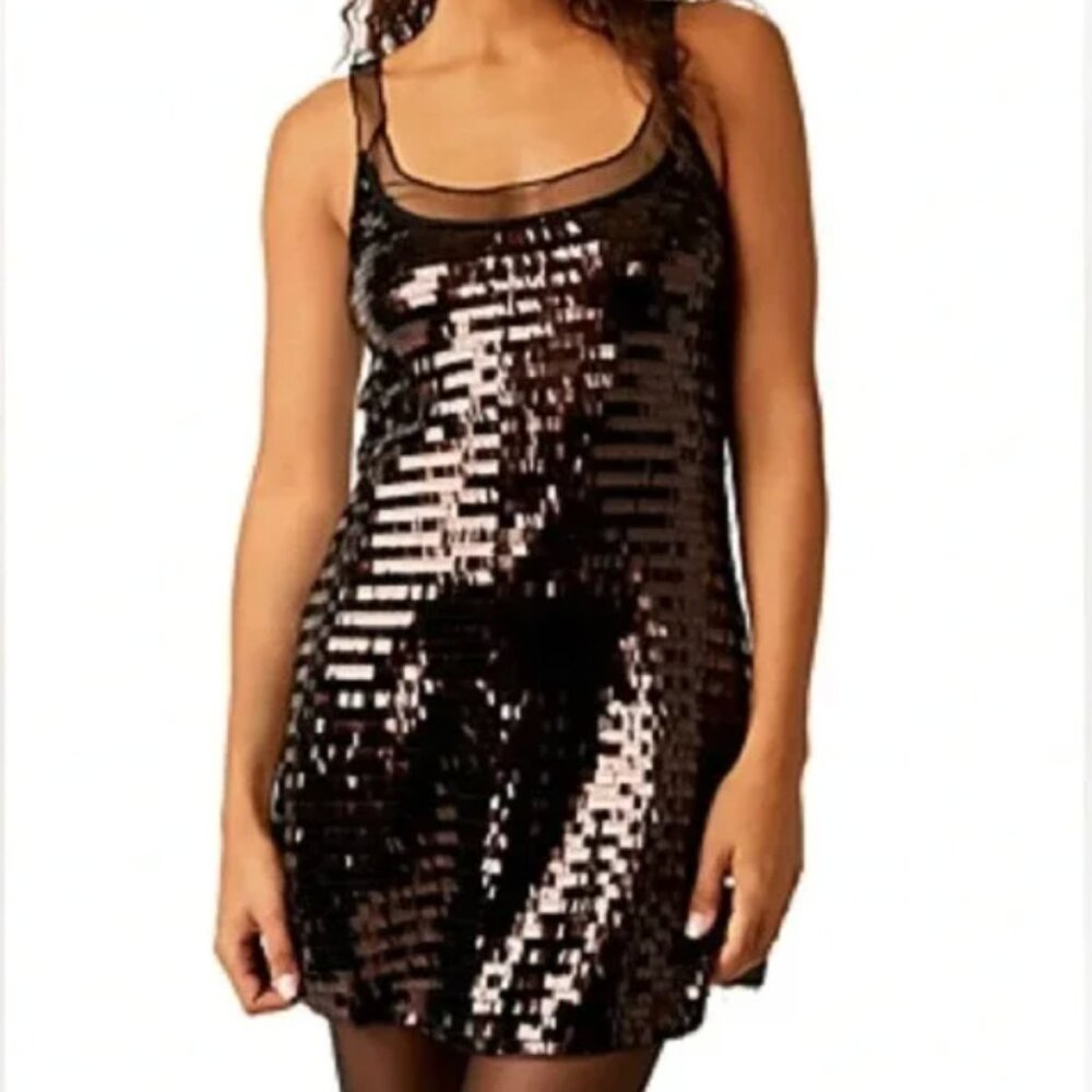 Free People Disco Fever Mini Slip Dress Black Combo Small New with Tags